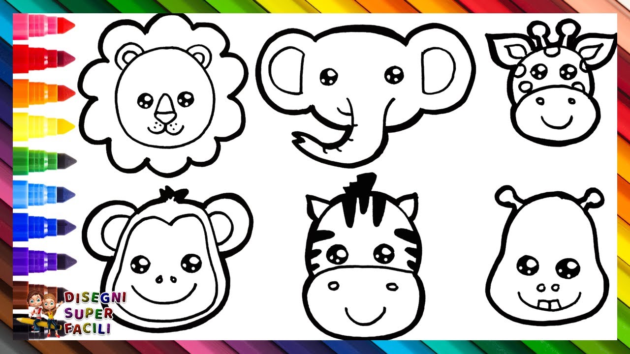Disegnare e Colorare Carini Animali Selvaggi 🦁🐘🦒🐵🦓🦛🌈 Disegni per Bambini