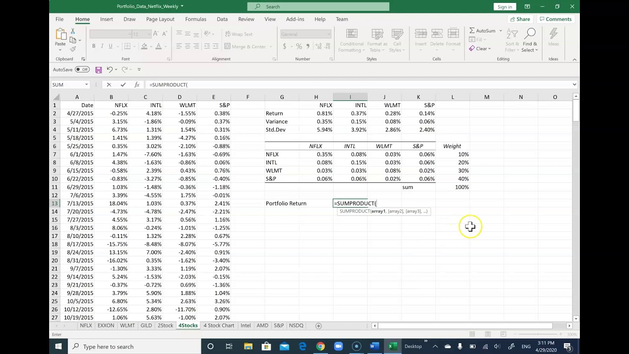 Four Stock Portfolio and Graphing Efficient Portfolio Frontier