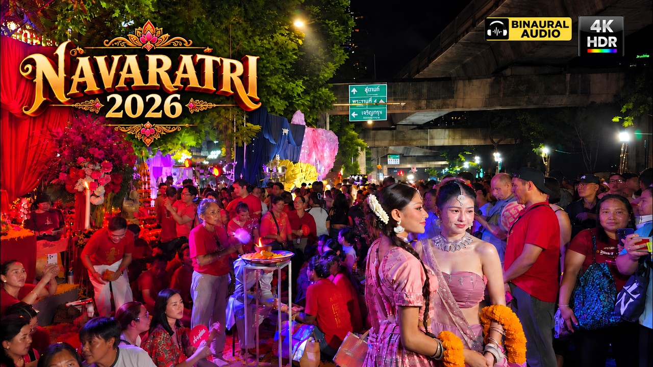 Bangkok Silom Evening Walk 🇹🇭 Navaratri Festival | 4K HDR &bull; Binaural Audio 🎧