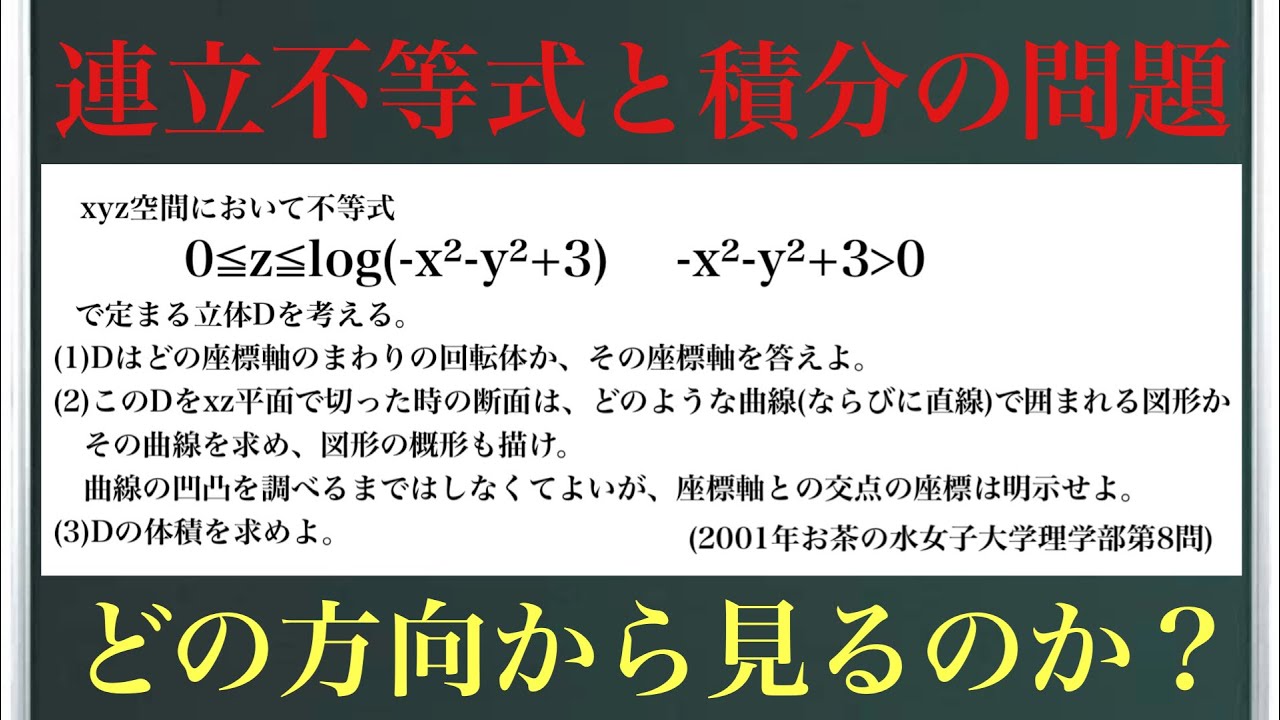 連立不等式と積分の問題(2001年お茶の水女子大学理学部第8問)〜どの方向から見るのか？〜