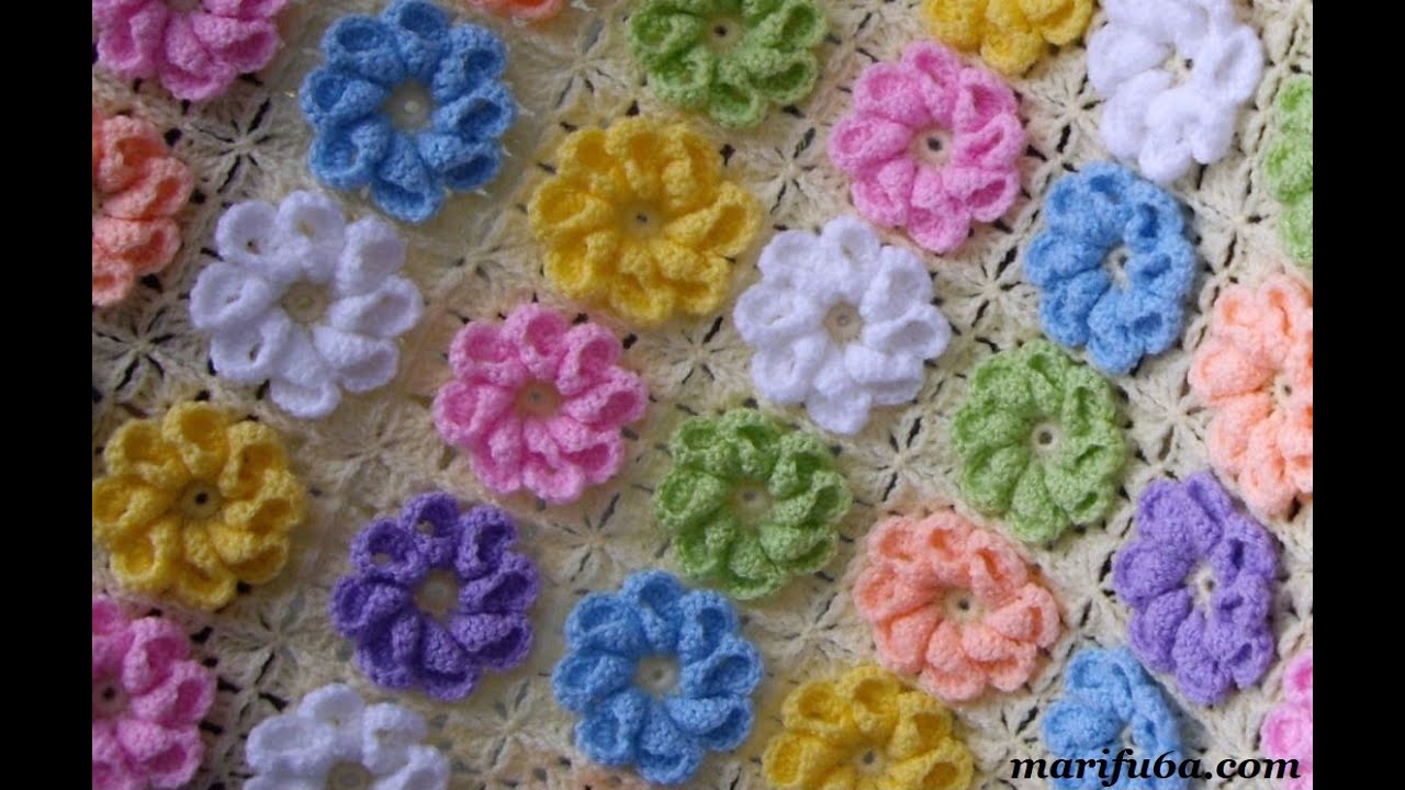 How to crochet colorful 3D spiral flower blanket afghan rug pattern tutorial by marifu6a