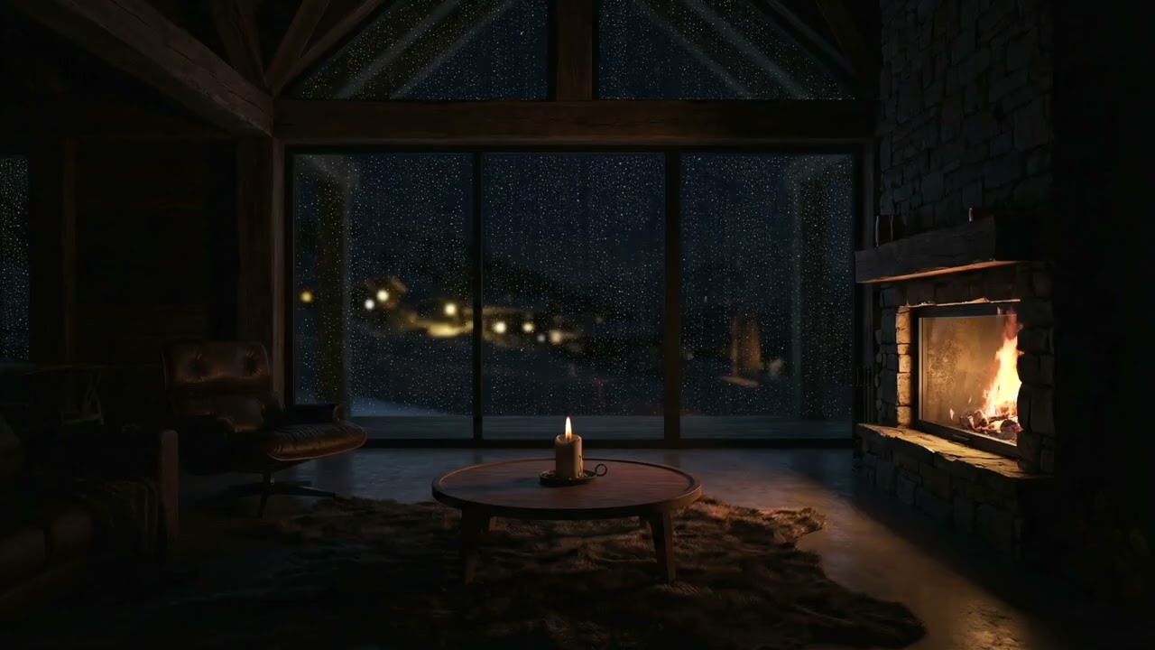 Dark Cozy Cabin Night | Heavy Rain, Howling Wind & Fireplace for Deep Sleep (8 Hours)