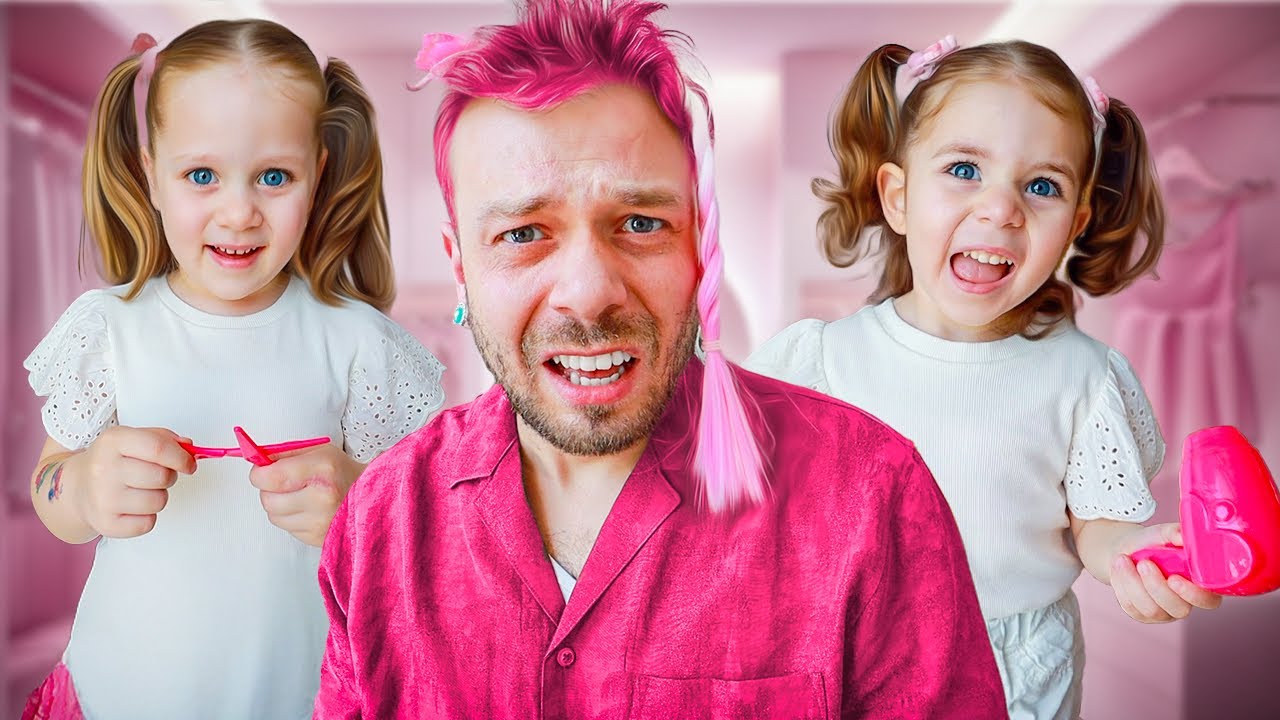 عيشنا بابا يوم كامل باللون الوردي 💖 معاناتي مع 3 بنات(اسوء يوم)