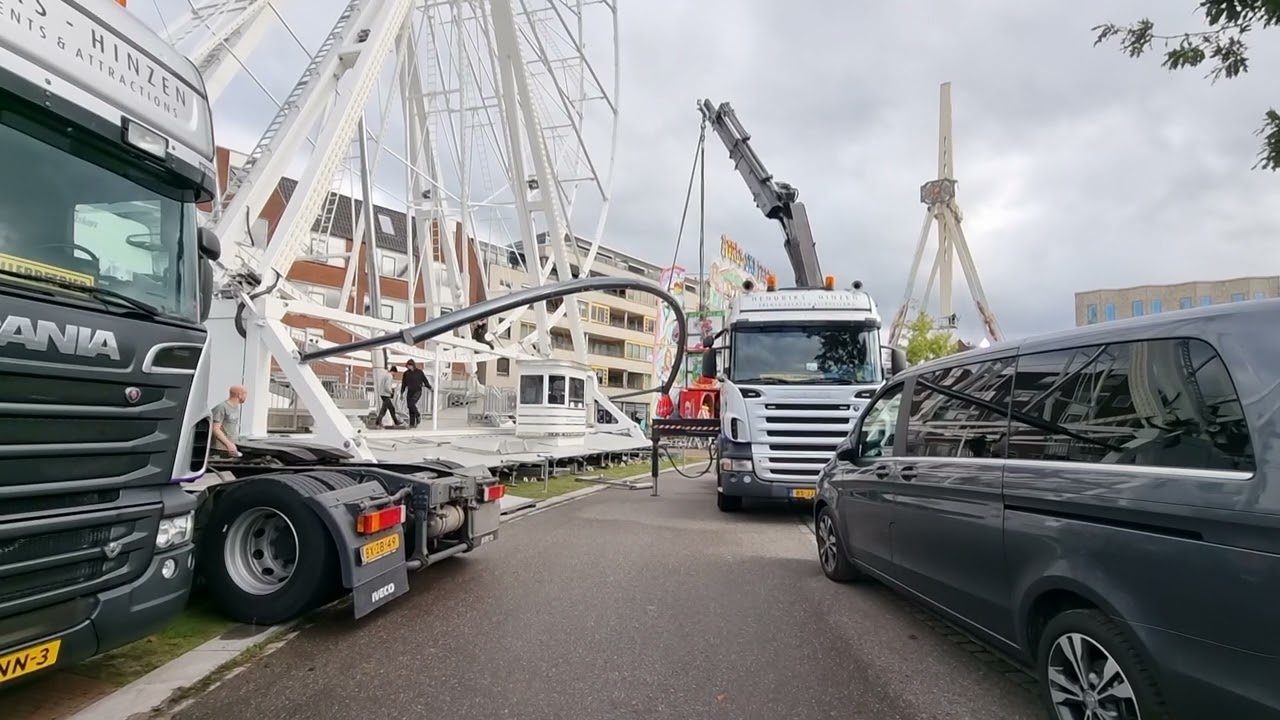 Deel27 Kermis opbouw🎢🎠🎡 2024 in Leiden van start Reuzenrad/zweefmolen/funy house/snowjet in aanbouw