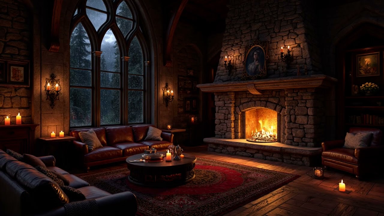 Cozy Castle Fireplace with Gentle Rain Sounds Outside | Deep Sleep & Night Relaxation