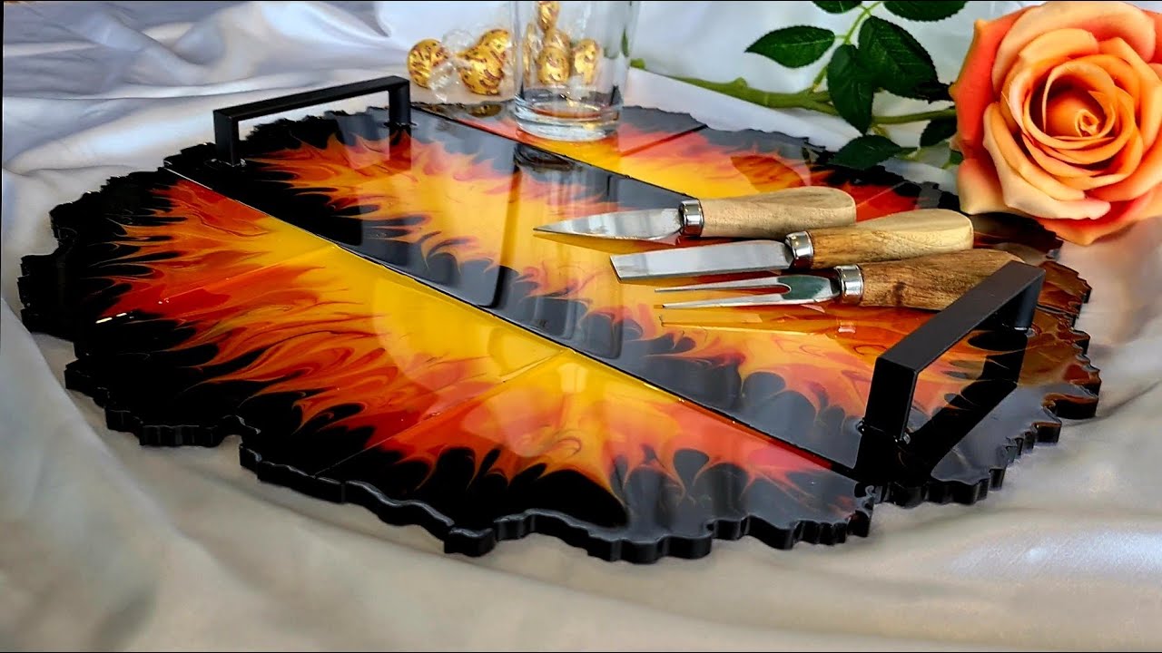 #1123 Amazing Flame Fire Effects In This Huge Resin Tray And Coaster Set