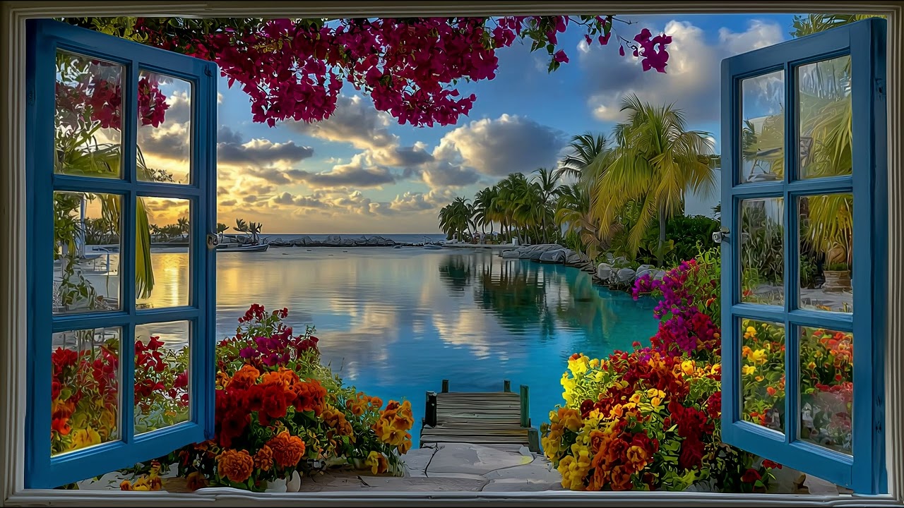 Relaxing Tropical Sunset Window View Screensaver for Ambient and Decorative TVs
