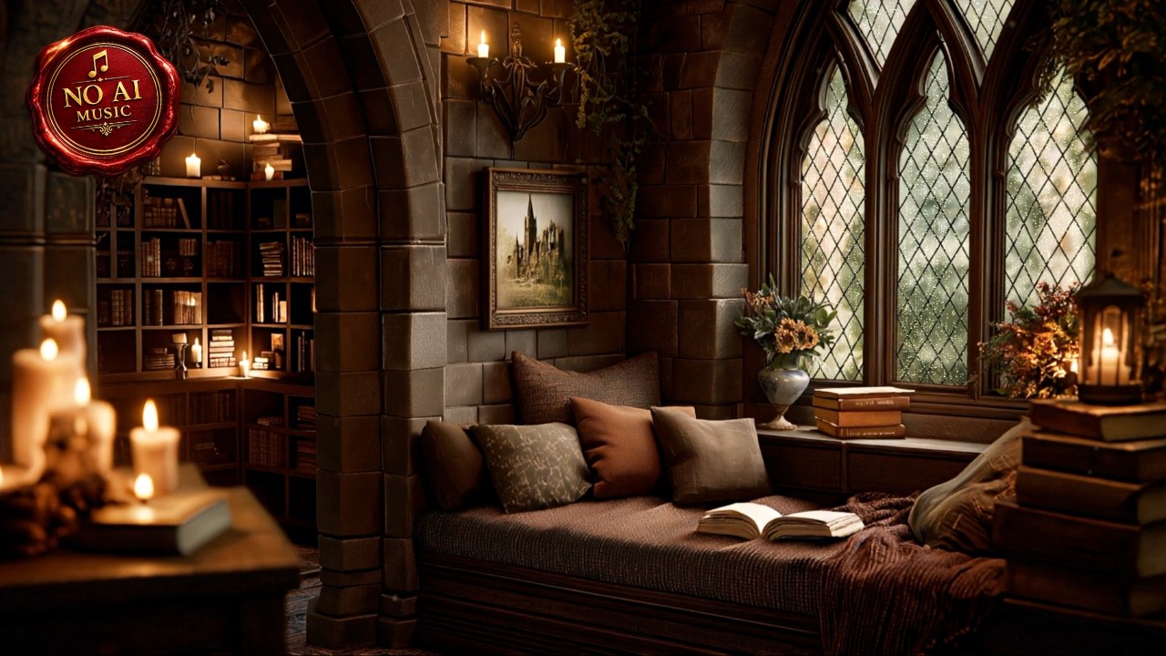 Cozy Castle Reading Nook | Rain Ambience & Dark Fantasy Music for Study, Reading or Relaxation