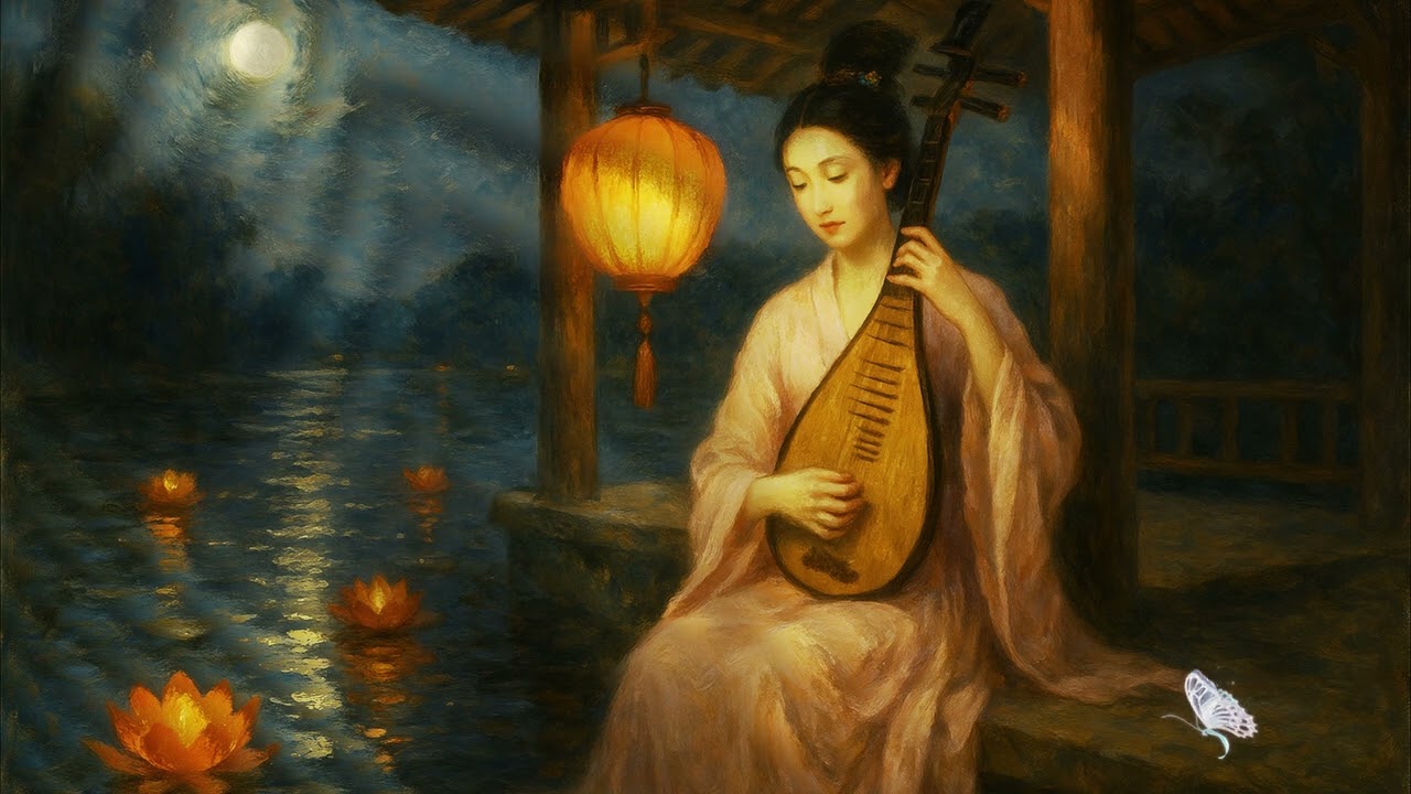Moonlit Serenity | Traditional Chinese Girl Playing Lute by Lotus Lake 🎶
