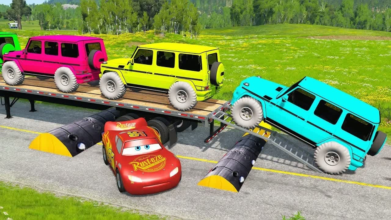 Flatbed Trailer McQueen Transportation with Truck - Speedbumps vs Cars vs Train - BeamNG.Drive #20