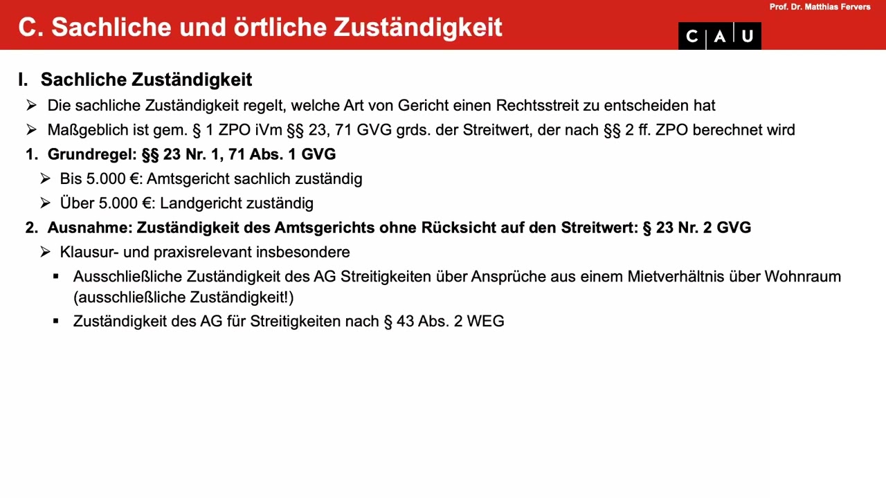 Zivilprozessrecht – Folge 02 (Sachliche und örtliche Zuständigkeit)