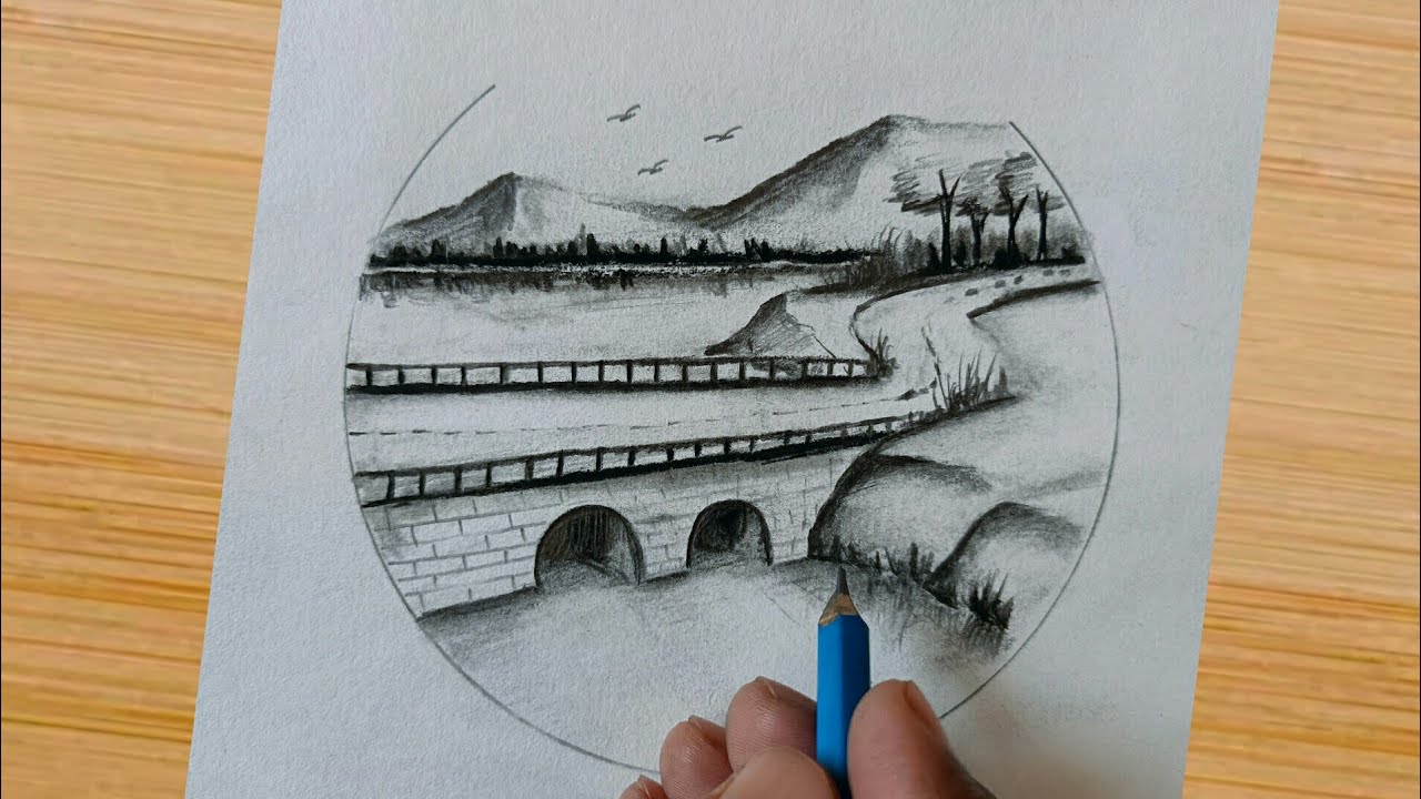 How to draw beautiful nature scenery drawing with pencil / easy landscape drawing