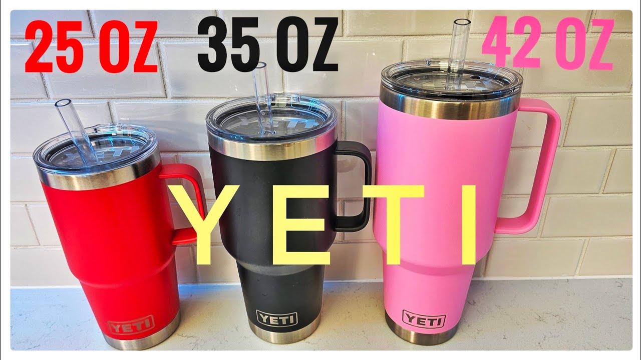 Сравнение стаканов Yeti 42 унции, 35 унций и 25 унций с ручкой и крышкой с трубочкой