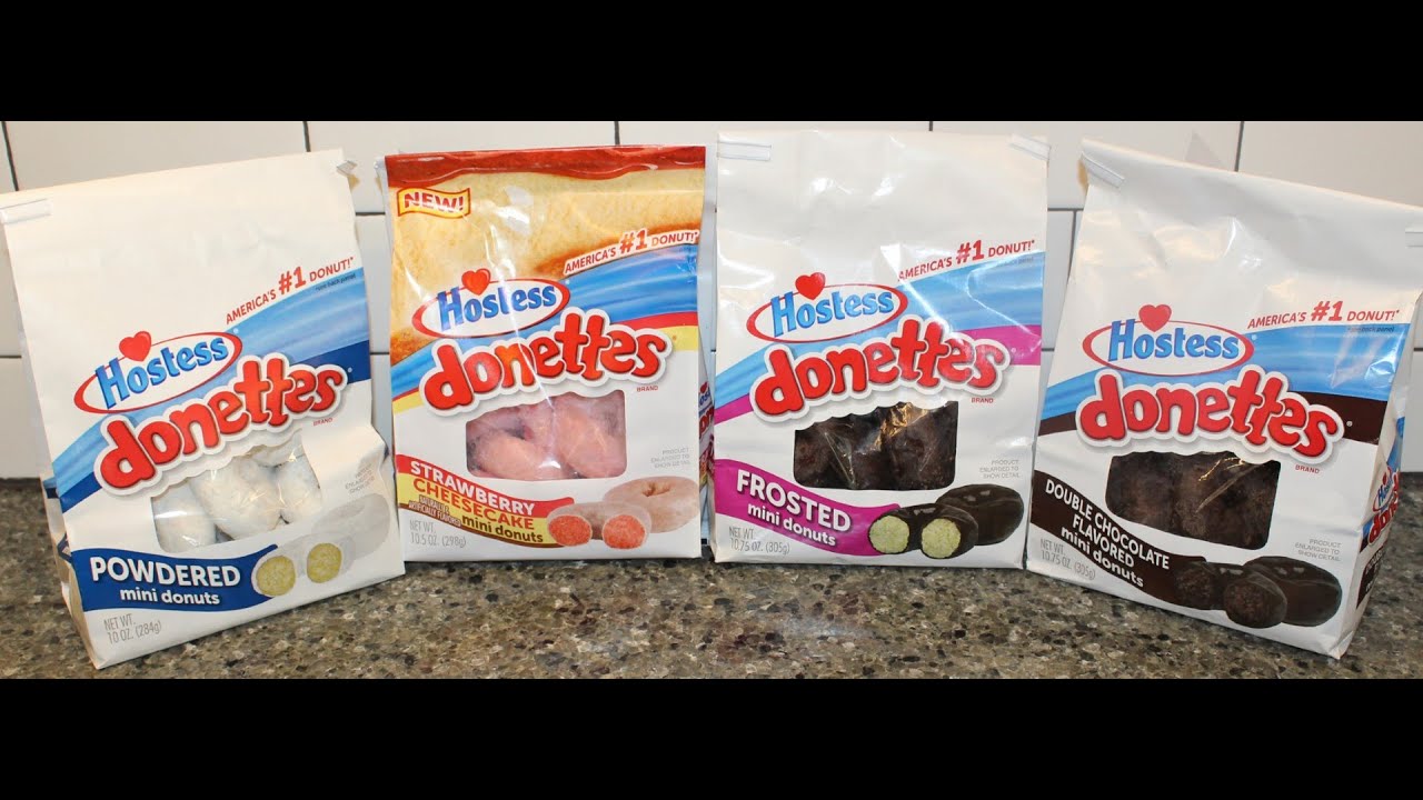 Hostess Donettes Mini Donuts: Powdered, Strawberry Cheesecake, Frosted & Double Chocolate Review