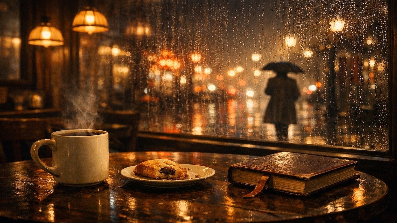 Rainy Night Café Ambience | Cozy Jazz, Vintage Lights & City Rain