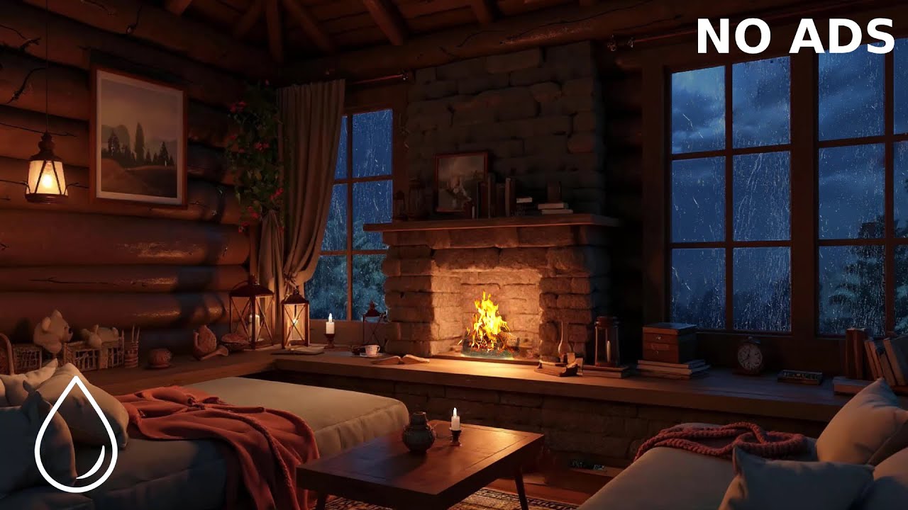 Relaxing Rain to Sleep - Thunder, Rain and Fireplace in Cozy Cabin at a Mountain Retreat
