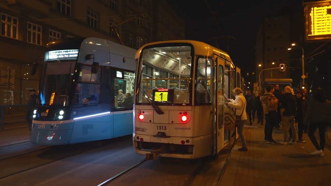Czech Republic, Ostrava, tram 1 night ride from Karolina to Muglinovská