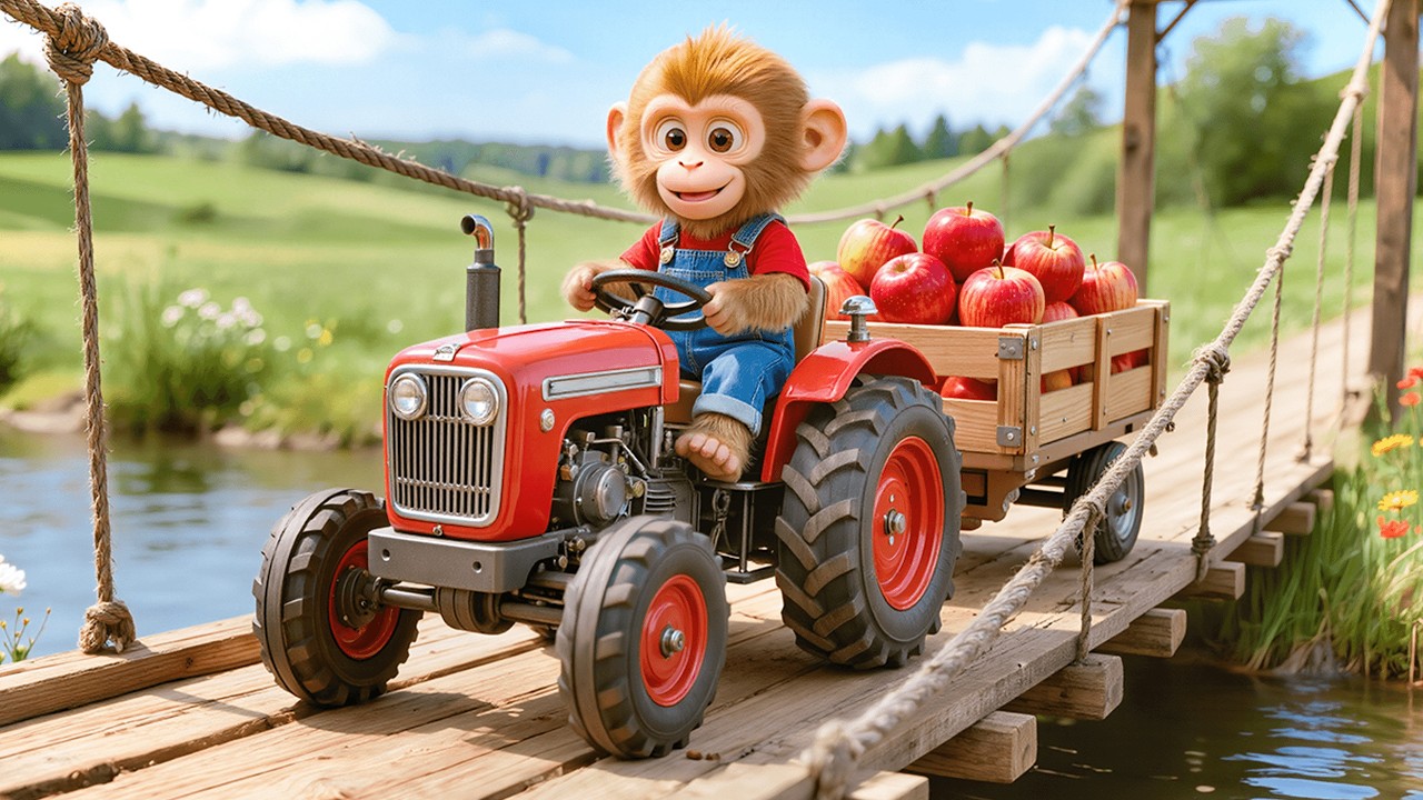 🐒🚜 Monkey NaNa Drives a Tractor of Pomegranates Across the Bridge—Quick Thinking Saves the Day 🍎🌉
