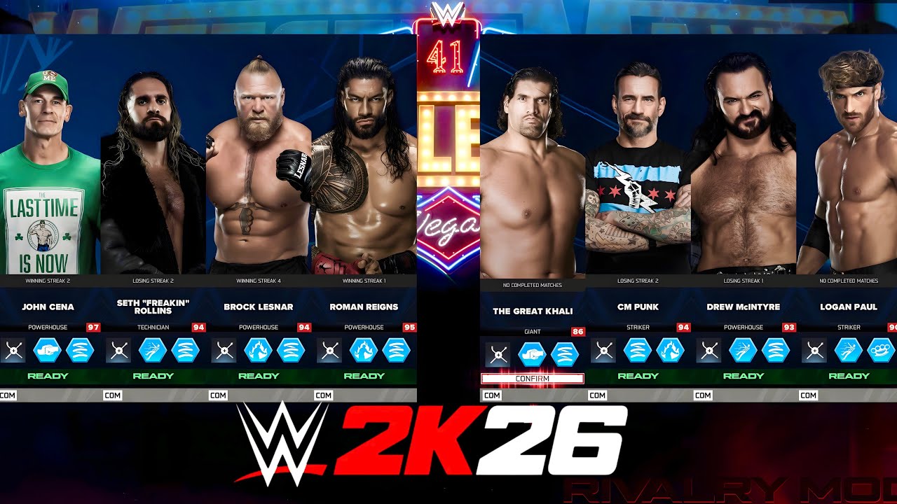 WWE 2K26 Roman Reigns Brock Lesnar Seth Rollins John Cena Vs The Great Khalo CM Punk Drew Mcintyre 