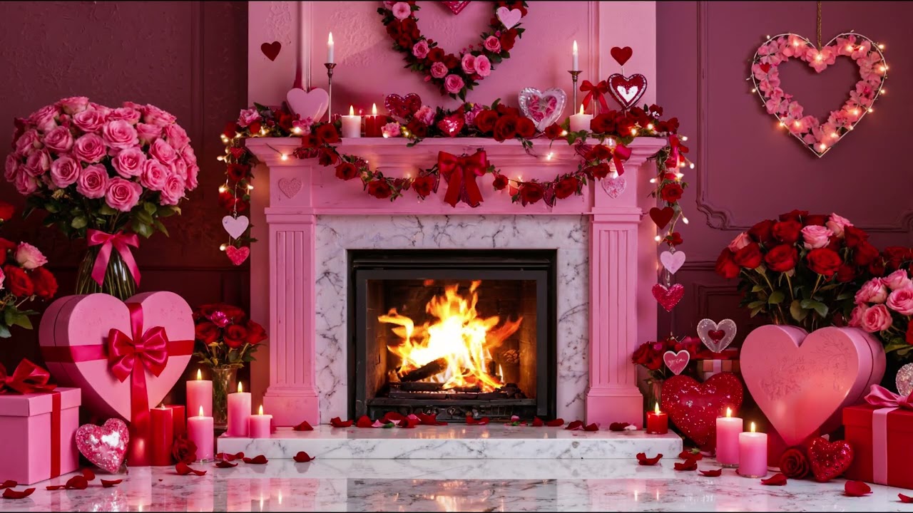 🌹💘 Pink Valentine’s Fireplace Ambience ❤️ Cozy Candlelight Piano & Crackling Fire Sounds