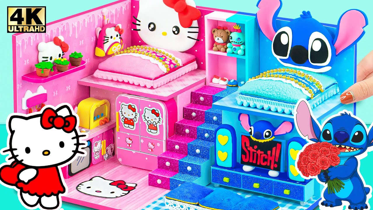 Make Hello Kitty House with Two Bedroom & Sparkle Stairs, Blue Room for Stitch 💙❤️ DIY Mini House