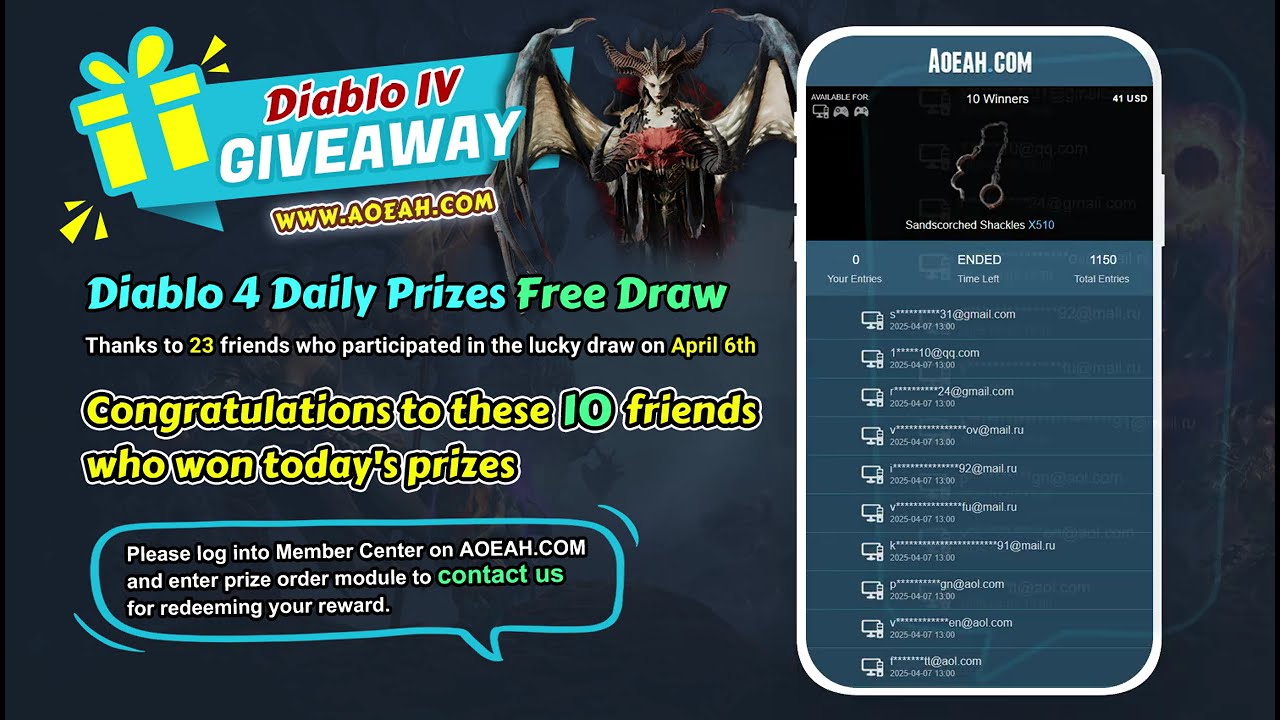 🏆Congrats To FREE Diablo 4 Giveaway Winners of April 6th on AOEAH.COM🎁