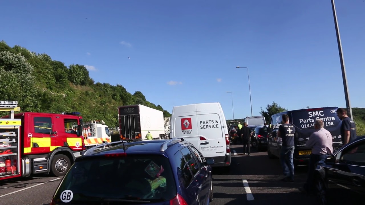 Kent Air Ambulance circles M2 Motorway Crash 2 Lorries and a car 24 July 2013 Fire Engines Arrive