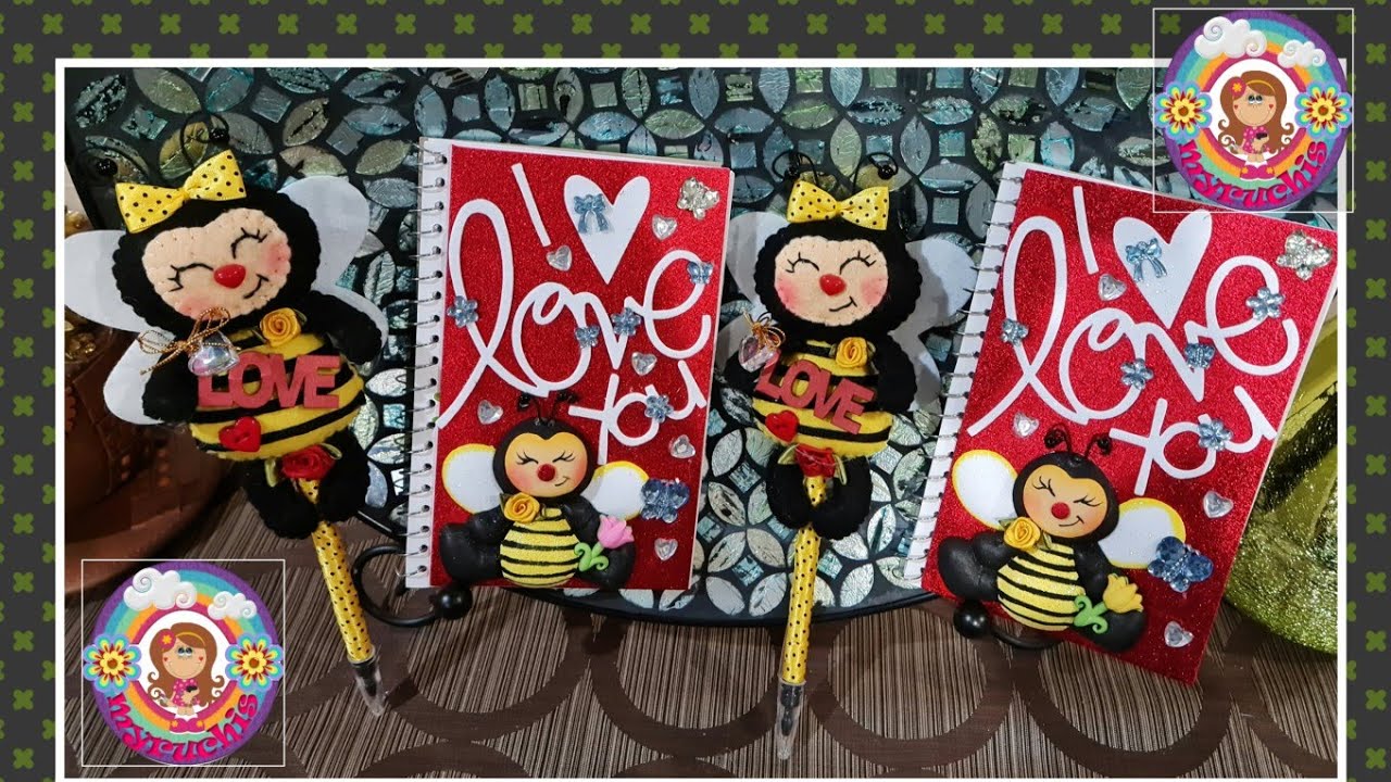 ABEJITA FIELTRO EN PLUMA CON LIBRETA DECORADA. REGALO SAN VALENTÍN.