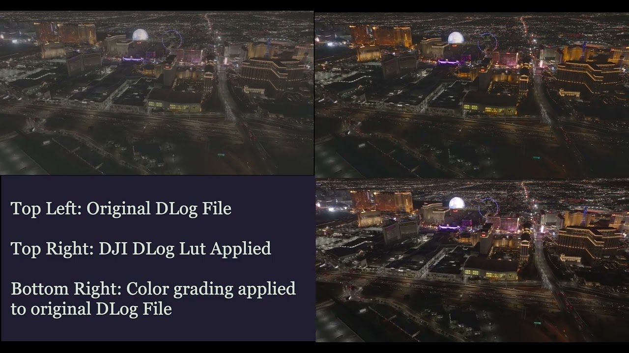 Mavic 3 in a low light urban environment. Comparing Original DLog to DJI LUT applied, and to Grading
