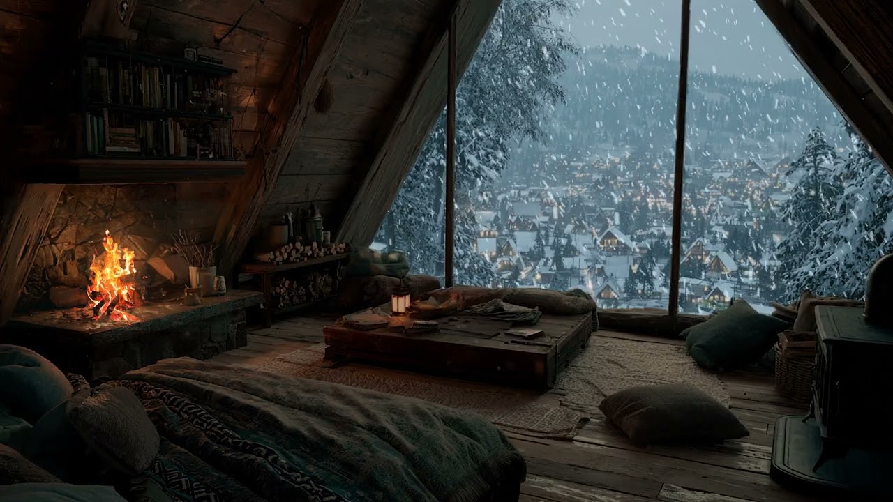 A Serene Bedroom Glow Against the Sound of Wind and Falling Snow | Calm Valley Night Retreat