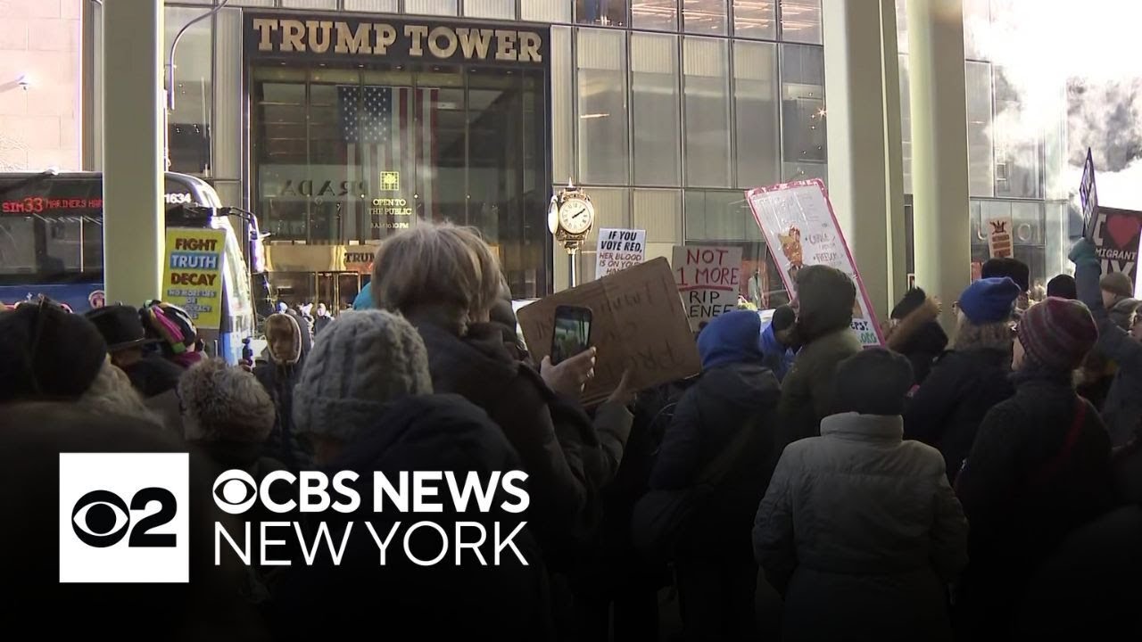 Protesters gather outside Trump Tower in NYC to mark 1st year of president's 2nd term