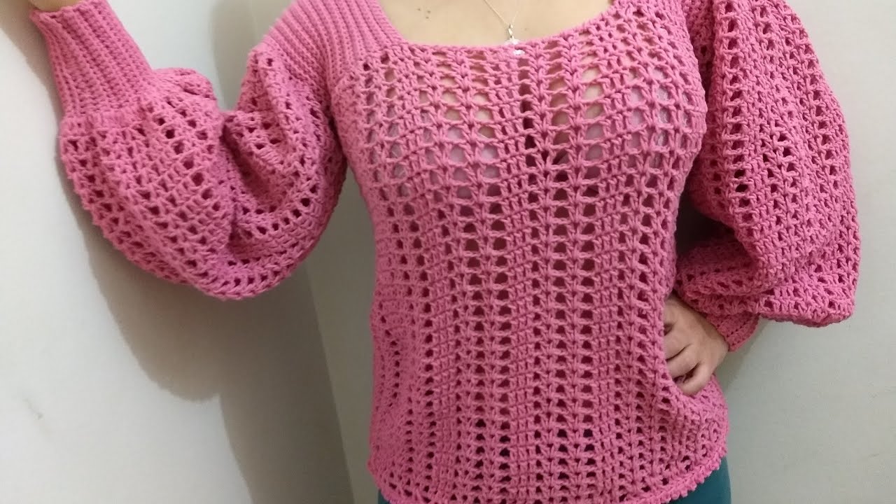 blusa de manga bufante em crochê nível intermediário por Neuzyvalim ❤️