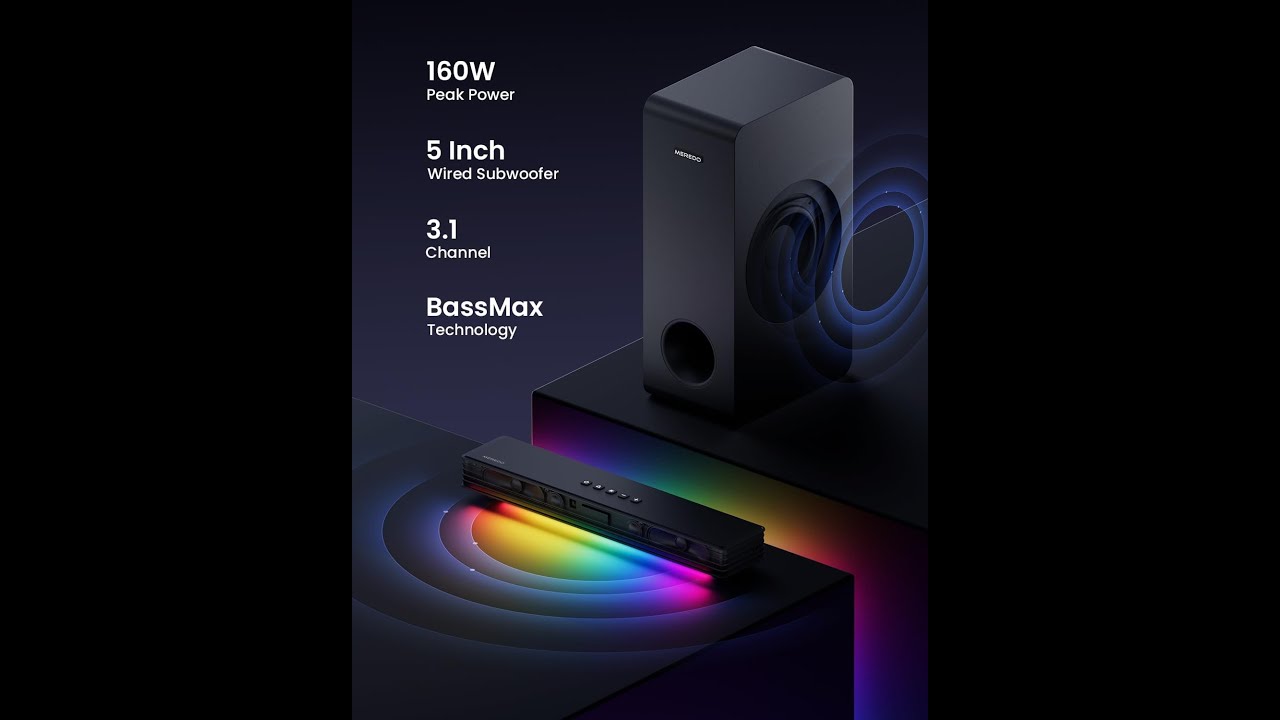 MEREDO Sound Bar for Smart TV 3.1CH PC Gaming Soundbar with Subwoofer RGB Lighting Audio