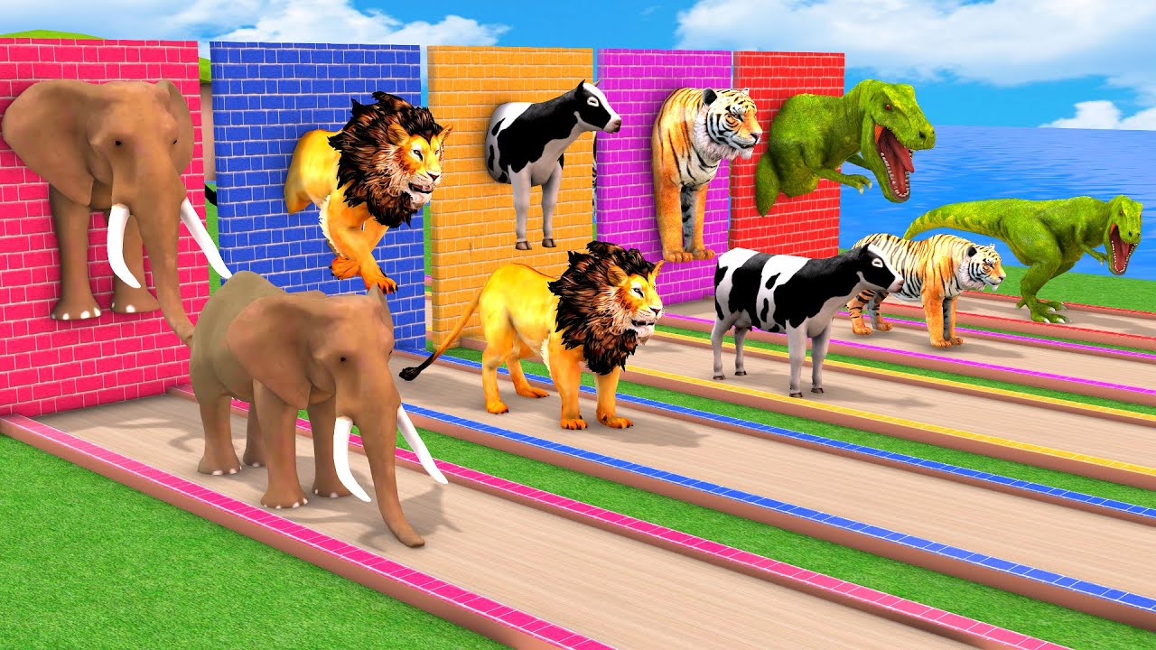 Dinosaur Cow Mammoth Elephant Tiger Lion Guess The Right Wall with Wild Animals Matching Game