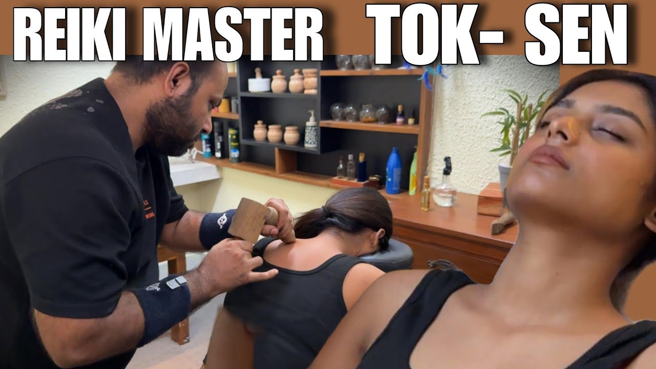 Reiki master Tok-SEN back massage, Neck massage, hand twisting, stretching to reduce body ache, Asmr