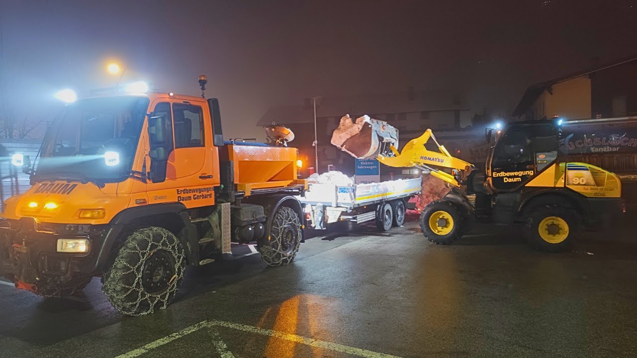❄️Winter service in Tyrol❄️Snow transport with Unimog U400 and Komatsu wheel loader #sound