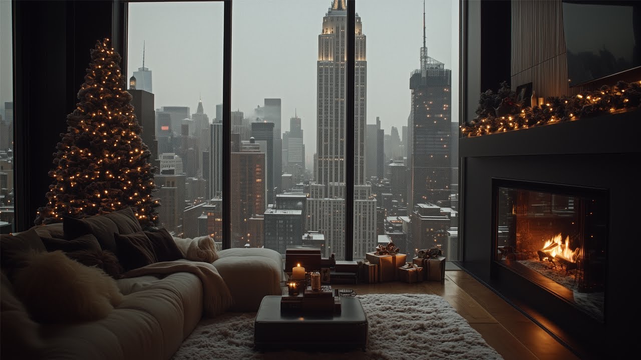 A Cozy Christmas Night From A New York City Skyrise🎄 Snowfall Winter Ambience & Crackling Fireplace