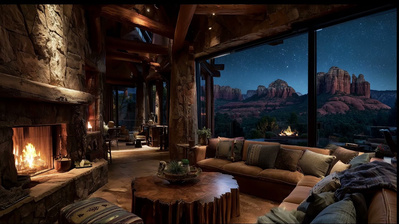 Desert Lodge Fireplace/Firepit Ambience 🔥 Starry Canyon Views, Desert Winds & Fireplace