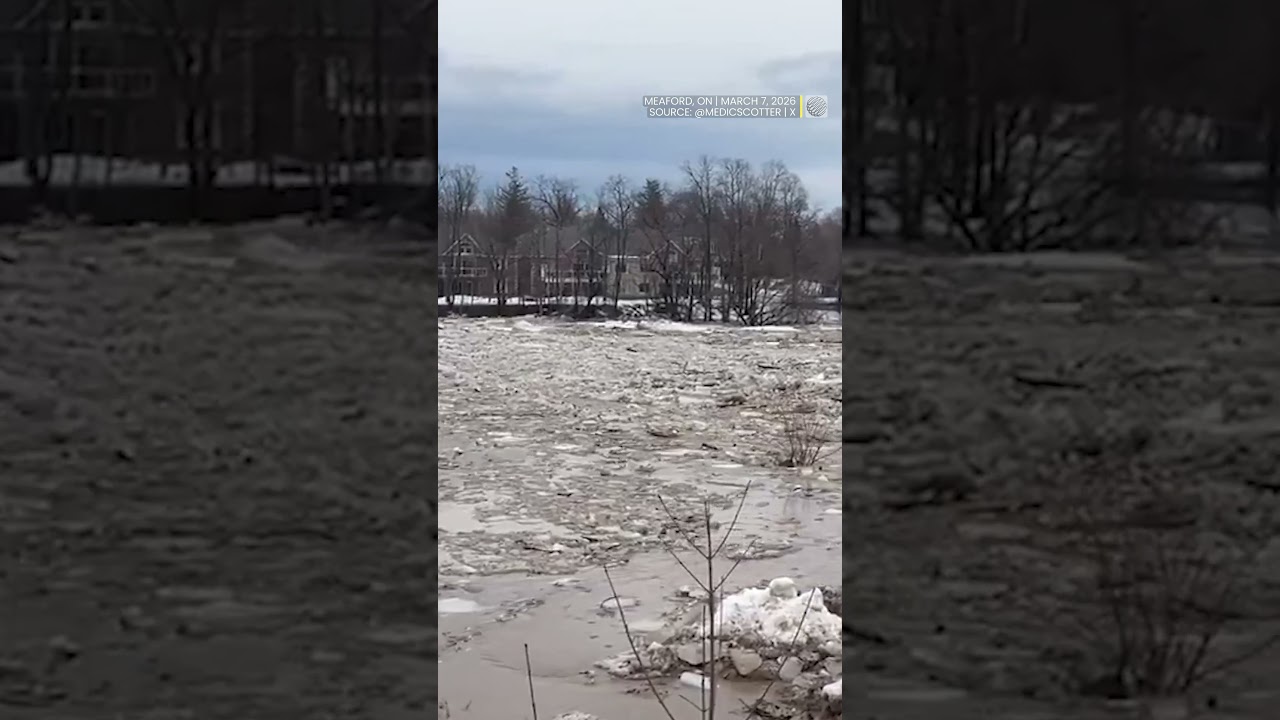 Localized flooding in Meaford, Ontario as warm weekend weather river levels to rise and ice jams.