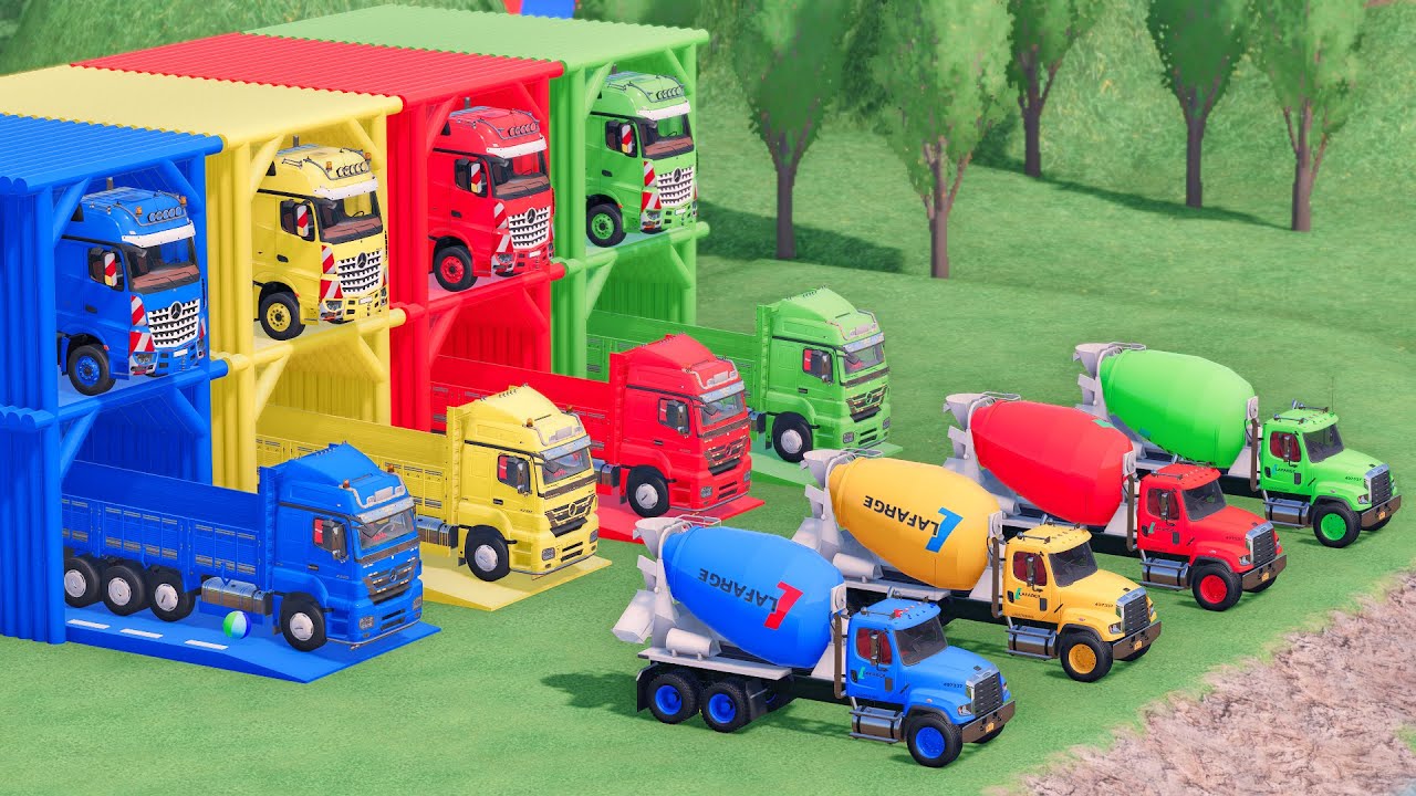Trucks With COLORS - FREIGHTLINER MIXER TRUCK and MERCEDES DUMP TRUCK with FLATBED TRAILER TRUCK