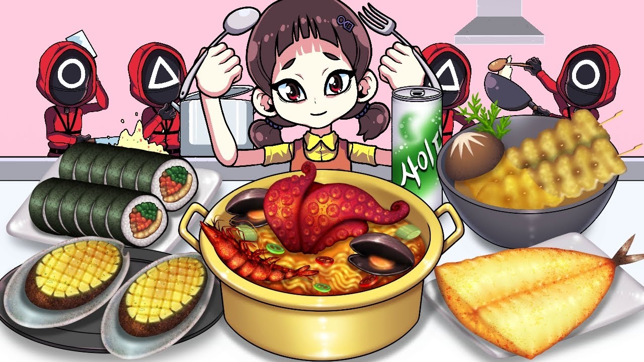 Игра кальмаров Mukbang Анимация Корейская лапша из морепродуктов, набор еды