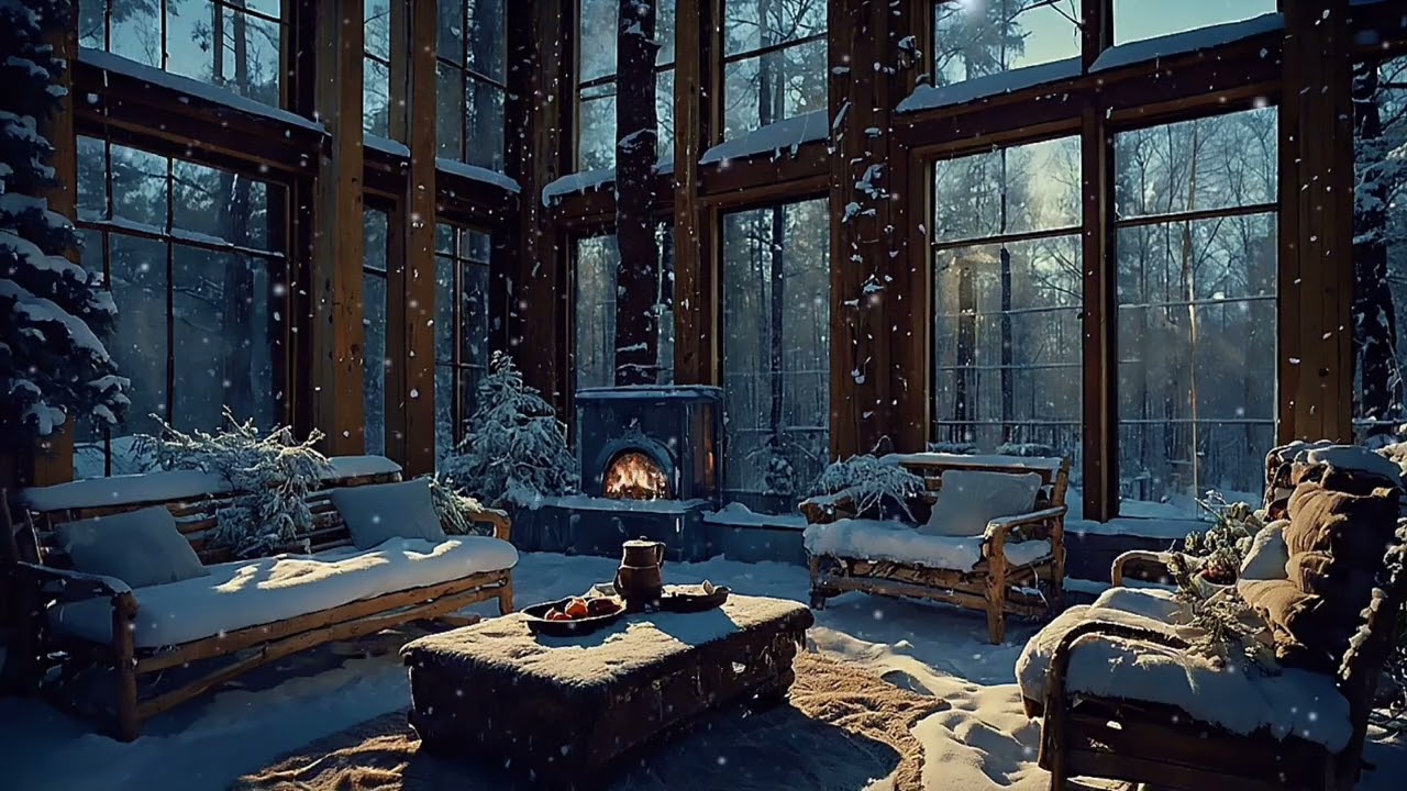 Crackling Fireplace Sounds with piano music🔥 Cozy Winter Cabin at Night