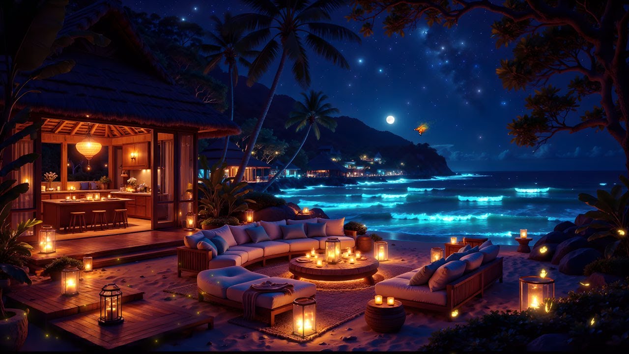 Sleep Music With Ocean and Jungle Sounds – Relaxing Blue Screen Scene – Ocean and Full Moon