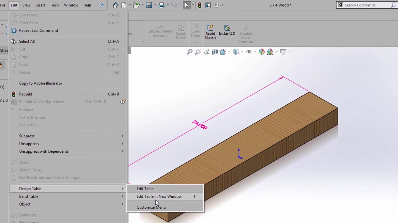 SOLIDWORKS — использование Excel для управления размерами модели