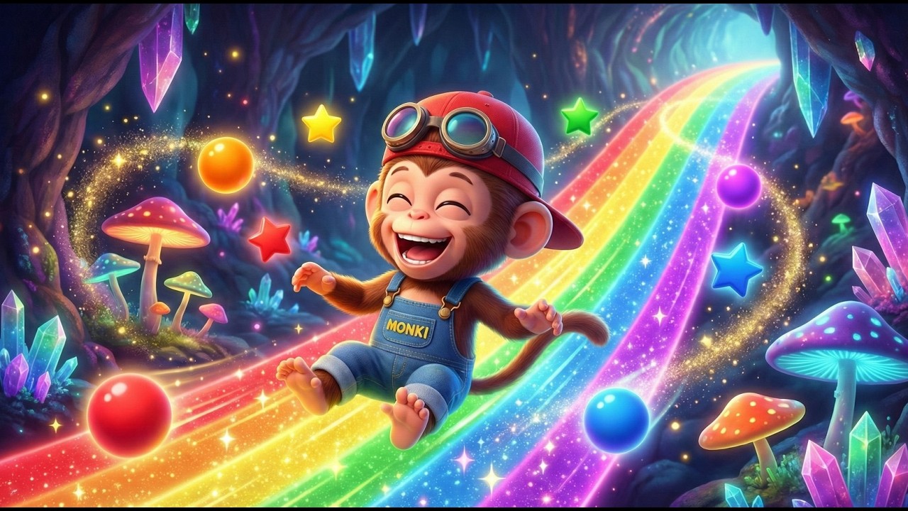 Baby Monkey Explores Magic Cave & Rainbow Slide 🌈 Learn Colors for Toddlers