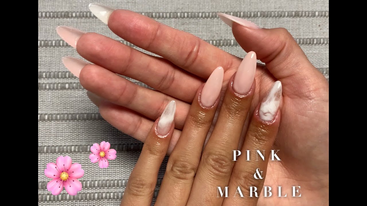 Baby Pink & Marble Almond Nails | Polygel Nails | Safiya Jordan