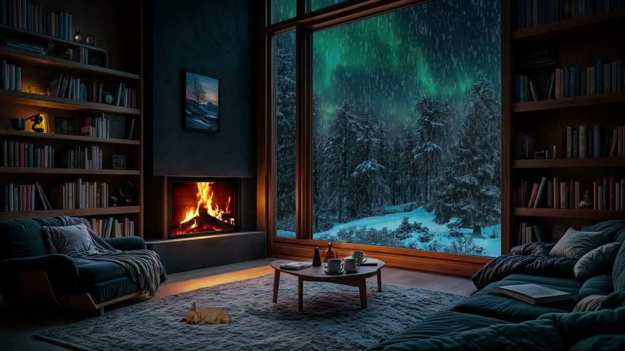 Soothing Aurora Night Vibes❄️ Calming in a Cabin with Snowfall & Fire Sounds Ambience for Deep Sleep