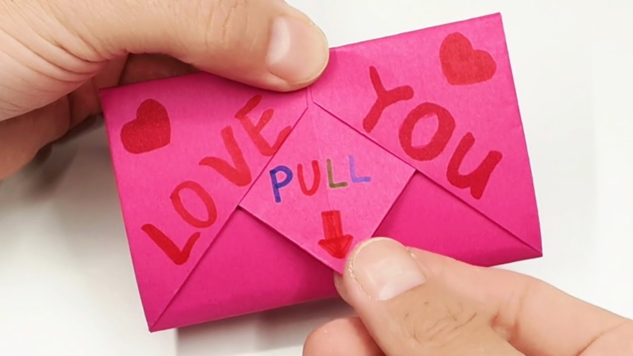 DIY Paper SURPRISE MESSAGE CARD💞Pull-Tab Origami Envelope - Easy Origami #origami #valentinesday