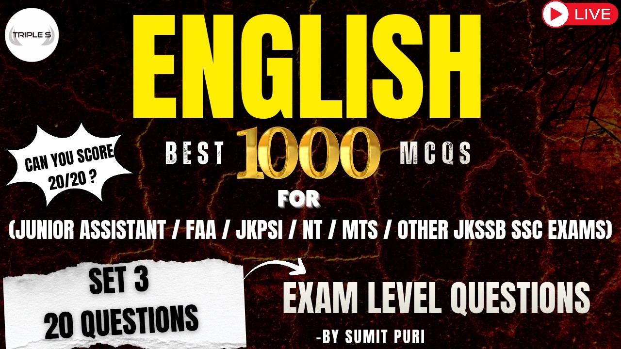 General English Set 3 || Can you Score 20/20 ? || Best 1000+Important MCQS or All JKSSB SSC EXAMS
