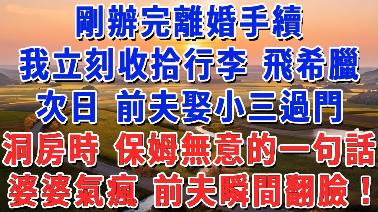 剛辦完離婚手續，我立刻收拾行李 飛希臘，次日 前夫娶小三過門，洞房時 保姆無意的一句話，婆婆氣瘋 前夫瞬間翻臉！#妮妮故事會 #情感故事 #老年生活